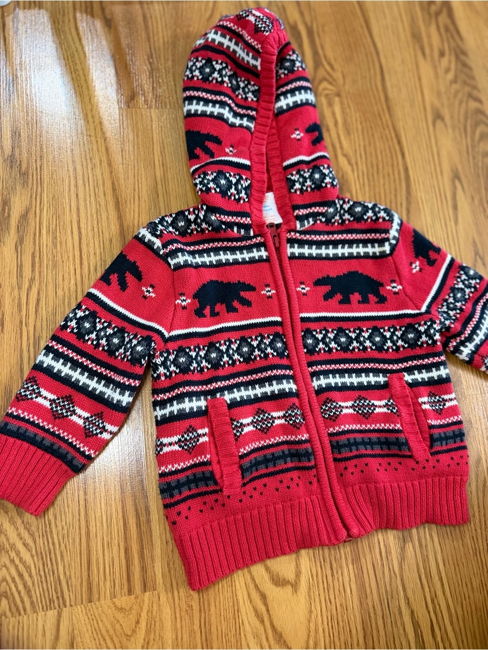 Y2K Joe Fresh Red Hooded Bear Knit Zip-Up Sweater for Kids 2t